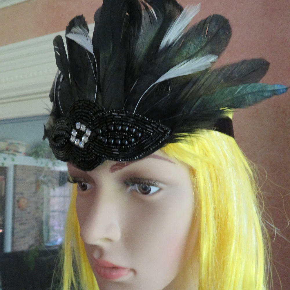 Retro Glam Gatsby Flapper Beaded Feather Headband